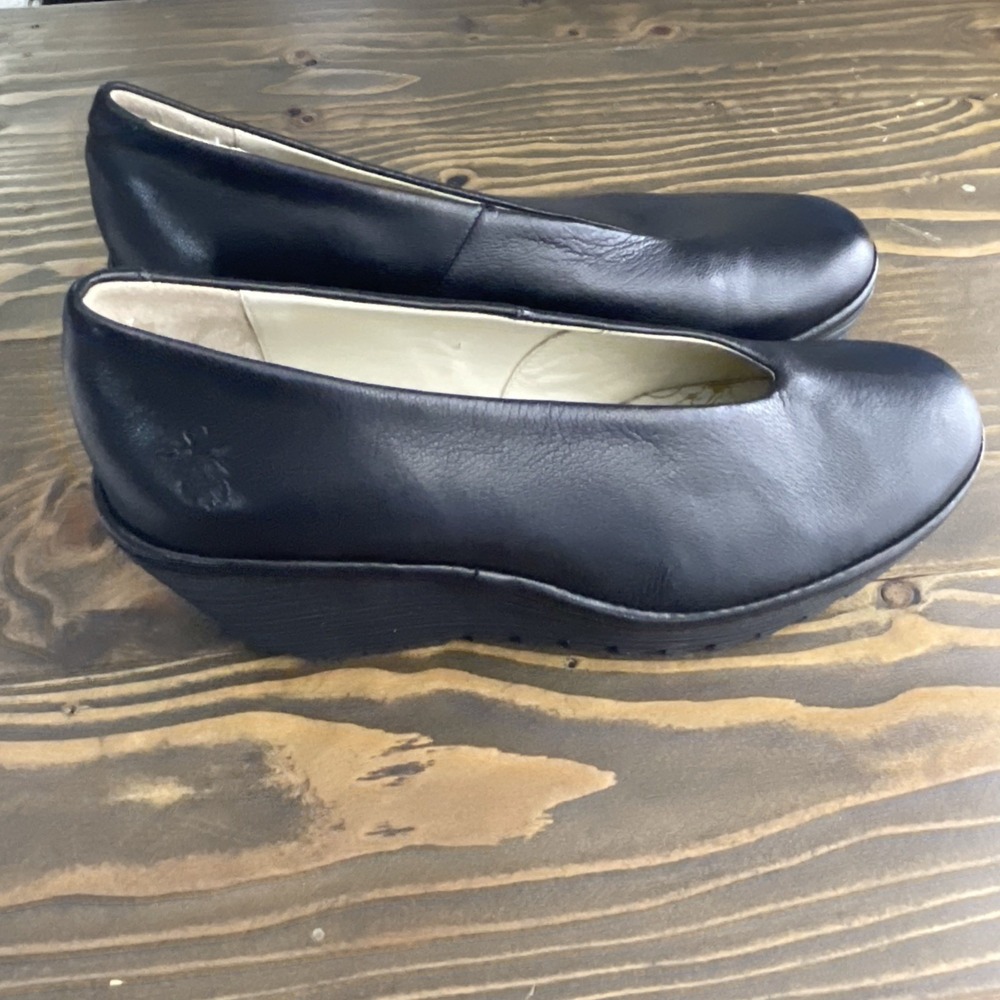 Fly London Black Leather Slip-On Heels - Picture 2 of 12